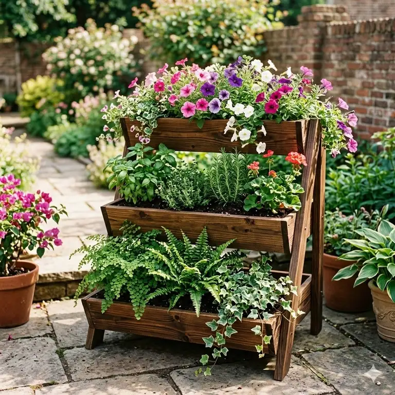 A beautiful wooden patio featuring lush tiered outdoor planters filled with blooming petunias and greenery.