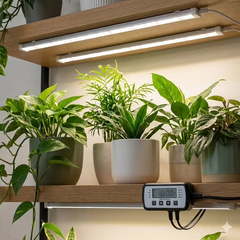 A professional setup of grow lights with timer illuminating indoor houseplants on a shelf.