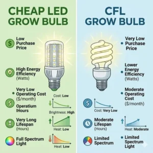 Comparison chart showing the efficiency and price difference between LED and CFL cheap grow bulbs.