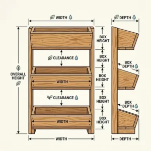 Detailed diagram showing the exact height and width dimensions of a 3 tier herb planter.