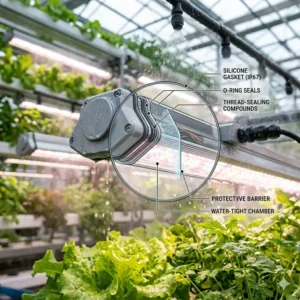 Illustration 1: Technical diagram showing the internal seals and IP67 protection of waterproof grow lights.