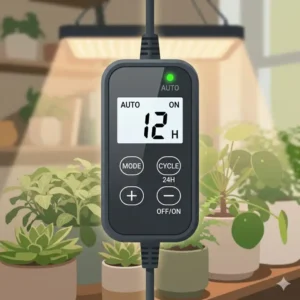 Close-up of the digital controller settings for a smart grow lamp with timer.