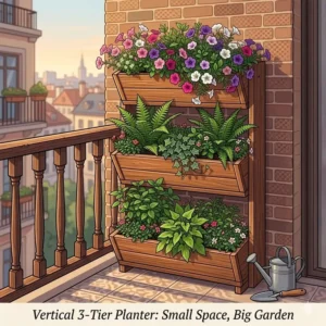 An illustration showing how a 3 tier planter outdoor saves floor space on a narrow apartment balcony using vertical gardening.