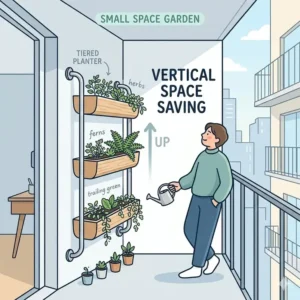 An illustration of tiered outdoor planters used to maximize vertical gardening space on a small urban balcony.