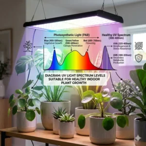 A detailed visual chart explaining the specific light spectrum optimized for UV lamp indoor plants.