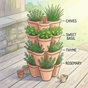A space-saving vertical tiered planter design for organized outdoor herb garden containers in small spaces.