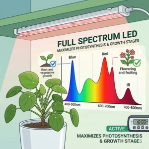 Technical diagram showing how full spectrum grow lights with timer support all plant growth stages.