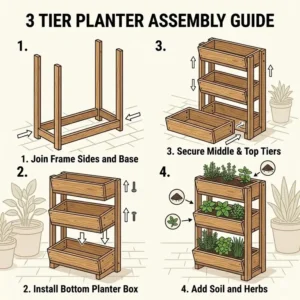 Step-by-step assembly guide for a vertical wooden 3 tier herb planter for beginners.