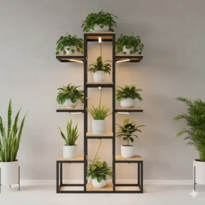 A tall, multi-tier best plant stand with grow lights designed to support vertical indoor gardening and healthy plant growth.