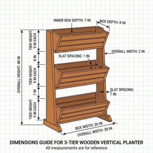 A technical drawing showing the height, width, and depth measurements of a standard 3 tier planter outdoor box.