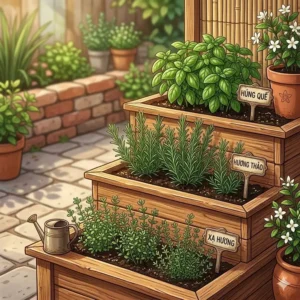 A close-up view of tiered outdoor planters organized as a kitchen herb garden with fresh basil and rosemary.