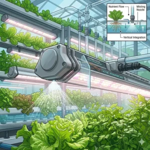 Illustration 2: Vertical hydroponic shelving units integrated with high-efficiency waterproof grow lights.