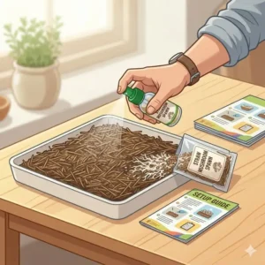 Step-by-step process of setting up and inoculating your straw mushroom growing kit.