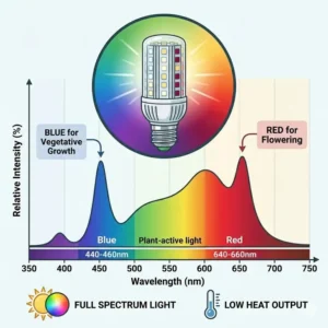 A spectrum graph showing the light output of full-spectrum cheap grow bulbs for plant photosynthesis.