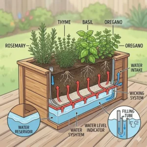 Technical cross-section showing the internal water reservoir and wicking mechanics of self-watering outdoor herb garden containers.