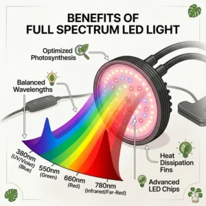 An illustration showing the full spectrum light output of a clamp on grow lights for optimal plant growth.