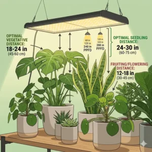 Diagram illustrating the ideal hanging distance from a dedicated UV lamp for healthy indoor plants.