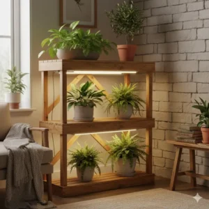 A rustic wooden best plant stand with grow lights that combines natural aesthetics with advanced full-spectrum lighting.