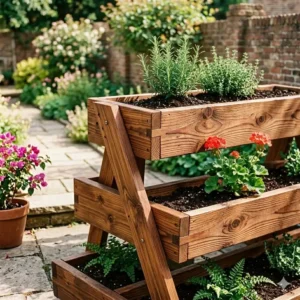 High-quality cedar wood tiered outdoor planters showing the natural grain and durable outdoor construction.