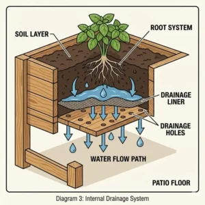 Infographic explaining the internal drainage and water flow system of a 3 tier herb planter.
