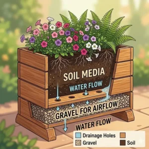 A cross-section diagram of a 3 tier planter outdoor showing proper drainage holes and gravel layers for healthy plant roots.