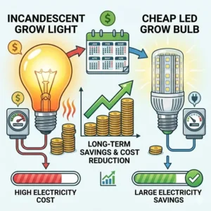 Infographic demonstrating the long-term electricity cost savings when using cheap grow bulbs.