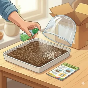 Using a water spray bottle to maintain the humidity of a straw mushroom growing kit.
