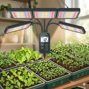 Organic vegetable seedlings growing healthy under a multi-head grow lamp with timer.