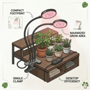 A digital illustration of a compact indoor herb garden using space-saving clamp on grow lights.