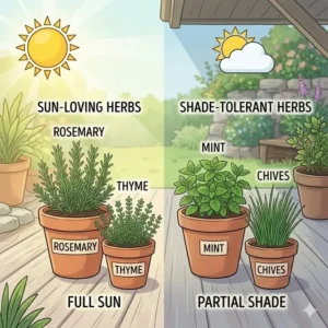 Educational infographic showing sun-loving and shade-tolerant herbs arranged in outdoor herb garden containers.