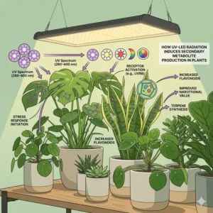 Graphic illustrating how specific UV-LED radiation enhances secondary metabolite production in indoor plants.