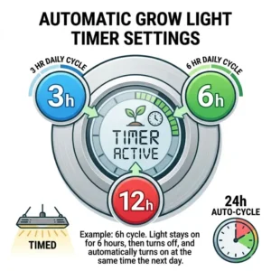 An infographic comparing different light cycle schedules for grow lights with timer based on plant type.