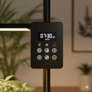 A close-up view of the digital timer controller on the best plant stand with grow lights for automated light exposure.