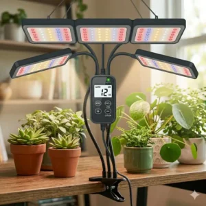 A flexible arm and sturdy base of a clip-on grow lamp with timer for desk plants.