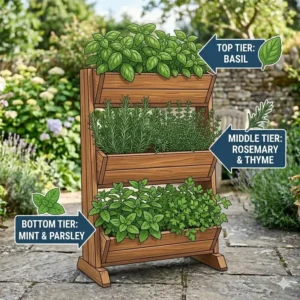 An illustration of a 3 tier planter outdoor labeled with different herbs like basil, rosemary, and mint in each level.