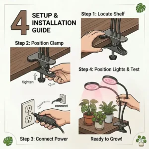 A step-by-step illustration showing how to securely attach a clamp on grow lights to the edge of a table.