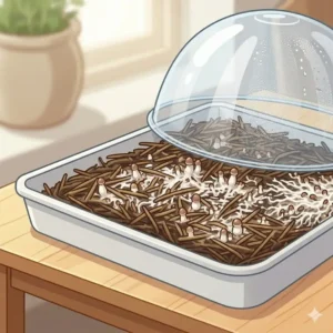 Small mushroom pins starting to emerge from the surface of the straw mushroom growing kit.