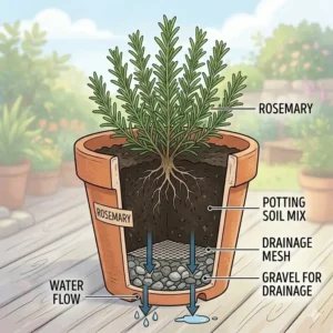 Detailed diagram of essential drainage layers including gravel and mesh for healthy outdoor herb garden containers.