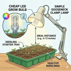 A simple indoor seedling tray setup with cheap grow bulbs attached to a desk lamp.