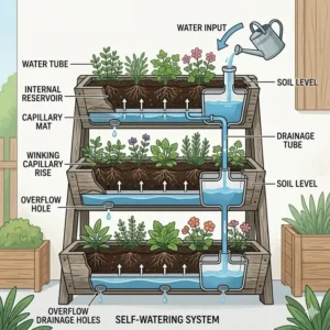A technical diagram illustrating the internal reservoir and drainage system of self-watering tiered outdoor planters.