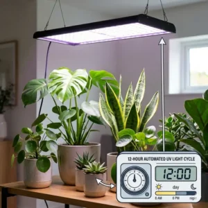 Close-up of an automated timer system for controlling the light cycle of UV lamp indoor plants.
