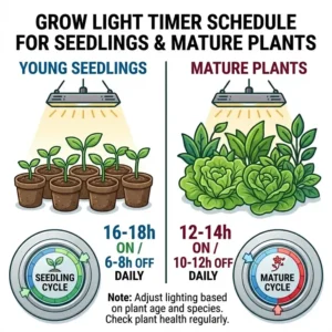Illustration showing the simple installation process of adjustable clip-on grow lights with timer.