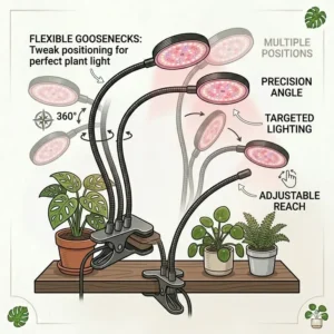 An illustration demonstrating the 360-degree flexibility of a clamp on grow lights gooseneck for targeted lighting.