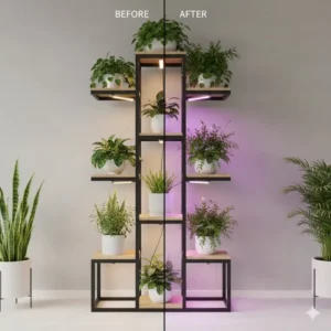 A before and after comparison of an indoor garden utilizing the best plant stand with grow lights to improve plant health.