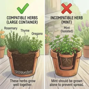 Companion planting guide showing compatible herb groups that can share large outdoor herb garden containers.