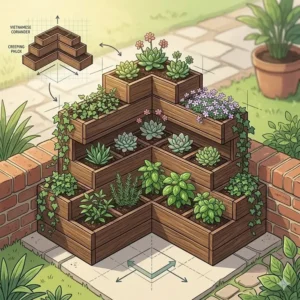 An L-shaped arrangement of tiered outdoor planters designed to fit perfectly into a garden corner.