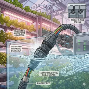 Illustration 5: Detailed view of heavy-duty electrical connectors and safety grounding for waterproof grow lights.