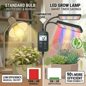 Comparison infographic showing energy savings using an LED grow lamp with timer.