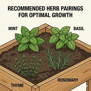 Recommended herb varieties and plant pairings for each level of a 3 tier herb planter.