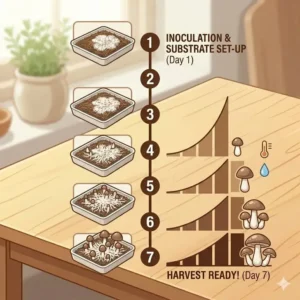 A 7-day visual timeline showing the rapid development of a straw mushroom growing kit.